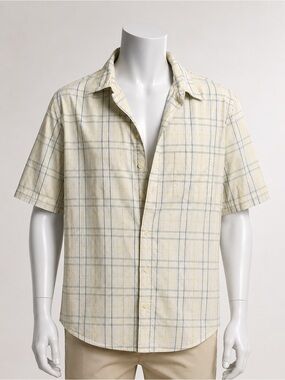 STITCH Beige Blue Plaid Cotton Office Shirt Short Sleeve Size L